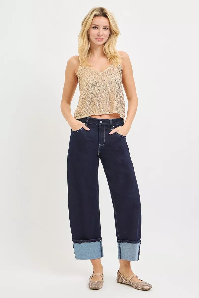 RISEN Slouchy Crop Barrel Cuffed Hem Jeans - Rooted & Reckless Co.