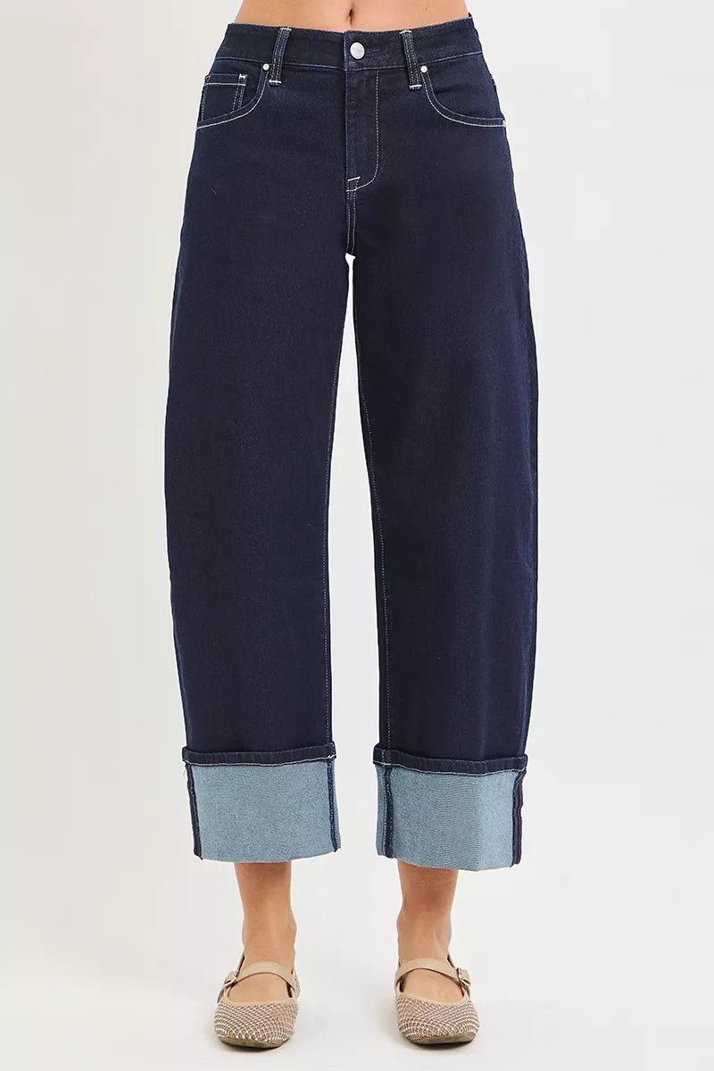 RISEN Slouchy Crop Barrel Cuffed Hem Jeans - Rooted & Reckless Co.