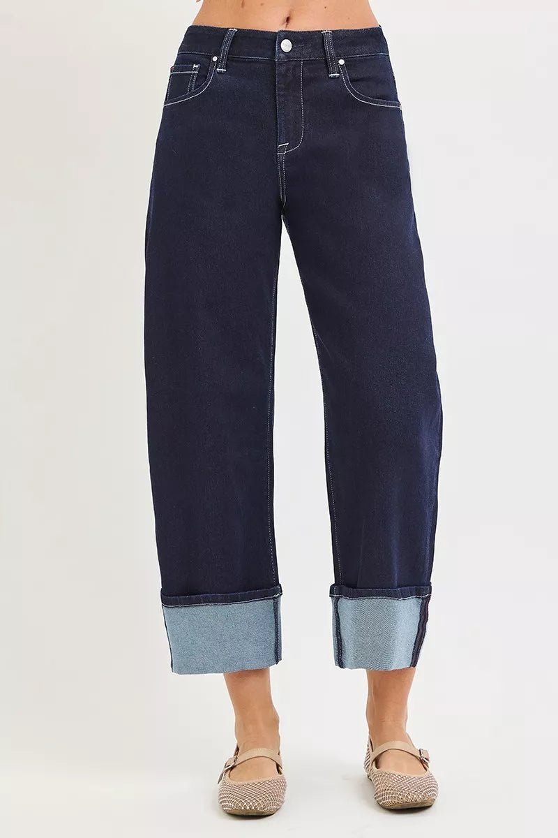 RISEN Slouchy Crop Barrel Cuffed Hem Jeans - Rooted & Reckless Co.