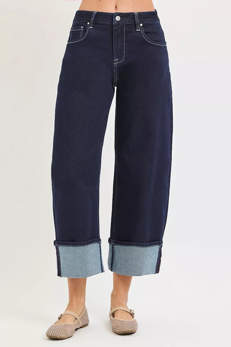 RISEN Slouchy Crop Barrel Cuffed Hem Jeans - Rooted & Reckless Co.