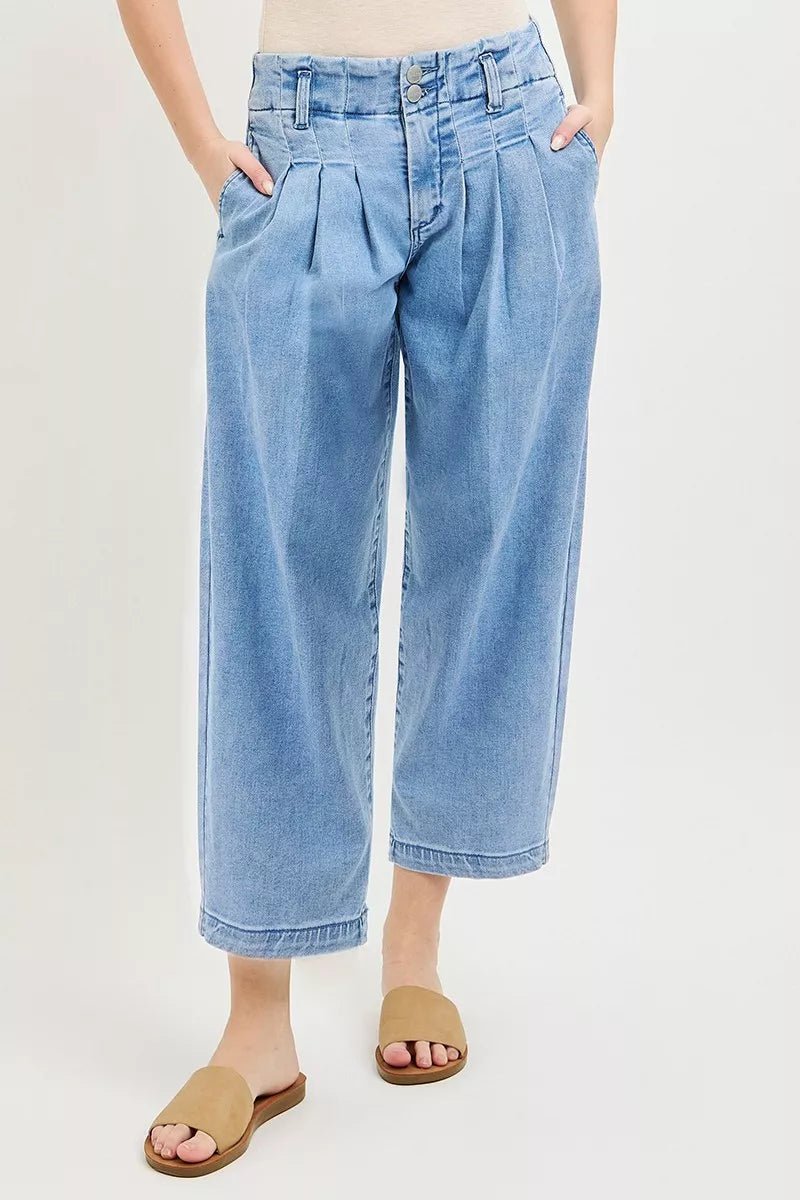 RISEN Slouchy Crop Barrel Pleated Jeans - Rooted & Reckless Co.