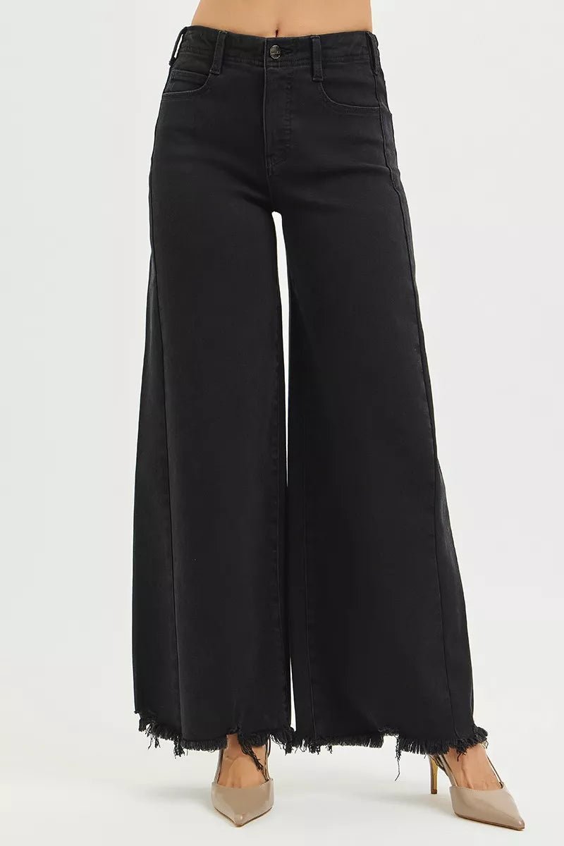 RISEN Tummy Control High Rise Palazzo Leg Frayed Hem Jeans - Rooted & Reckless Co.