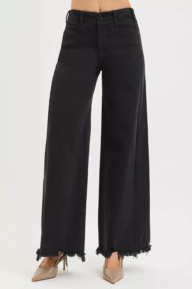 RISEN Tummy Control High Rise Palazzo Leg Frayed Hem Jeans - Rooted & Reckless Co.