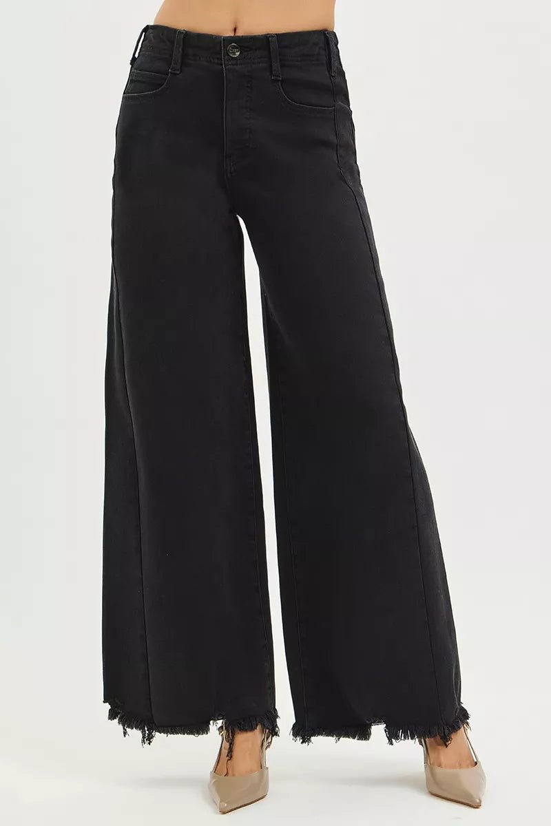 RISEN Tummy Control High Rise Palazzo Leg Frayed Hem Jeans - Rooted & Reckless Co.