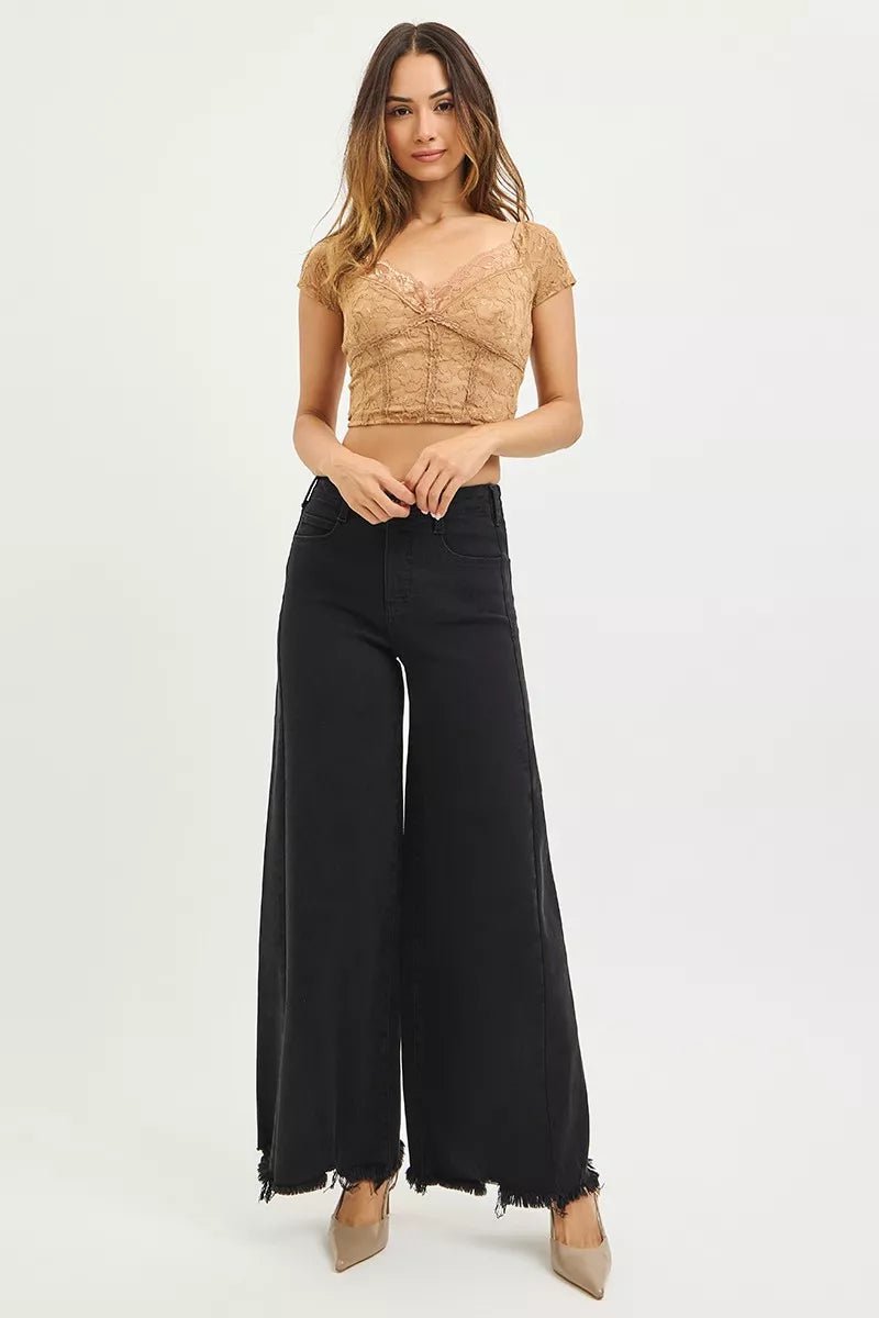 RISEN Tummy Control High Rise Palazzo Leg Frayed Hem Jeans - Rooted & Reckless Co.