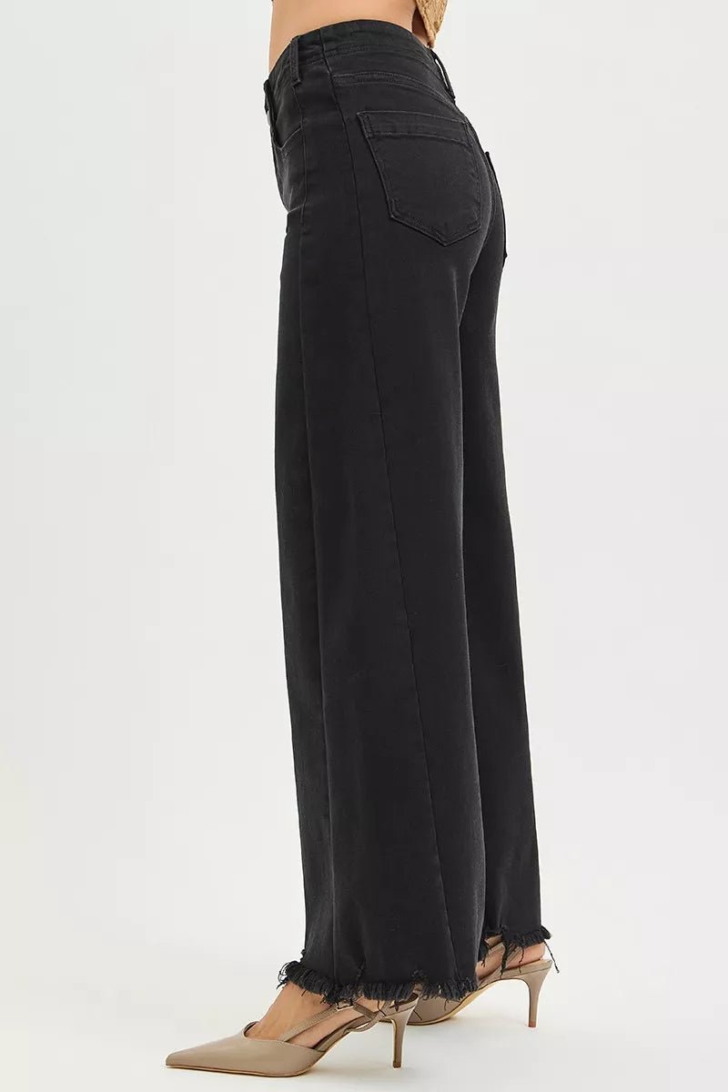RISEN Tummy Control High Rise Palazzo Leg Frayed Hem Jeans - Rooted & Reckless Co.