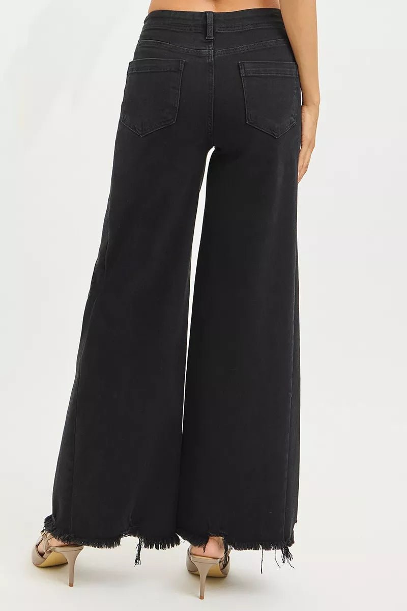 RISEN Tummy Control High Rise Palazzo Leg Frayed Hem Jeans - Rooted & Reckless Co.