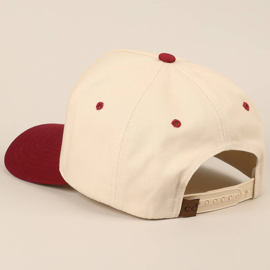 "RODEO" Two-Tone Embroidered Trucker Hat — Wine Red Cotton Canvas with Raised Lettering & 5-Panel Structure - Rooted & Reckless Co.