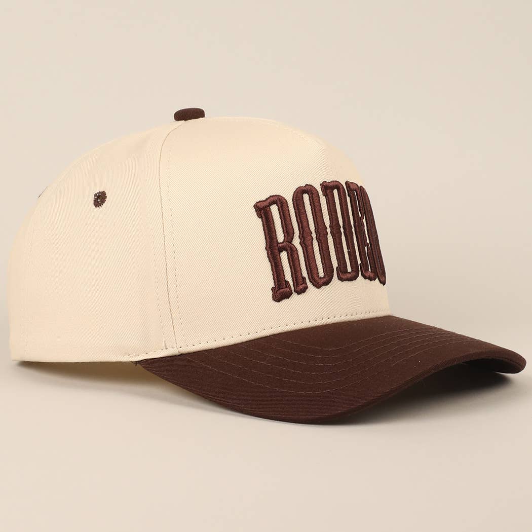 "RODEO" Two-Tone Embroidered Trucker Hat — Wine Red Cotton Canvas with Raised Lettering & 5-Panel Structure - Rooted & Reckless Co.