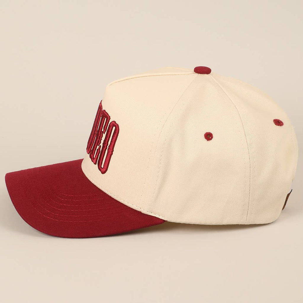"RODEO" Two-Tone Embroidered Trucker Hat — Wine Red Cotton Canvas with Raised Lettering & 5-Panel Structure - Rooted & Reckless Co.