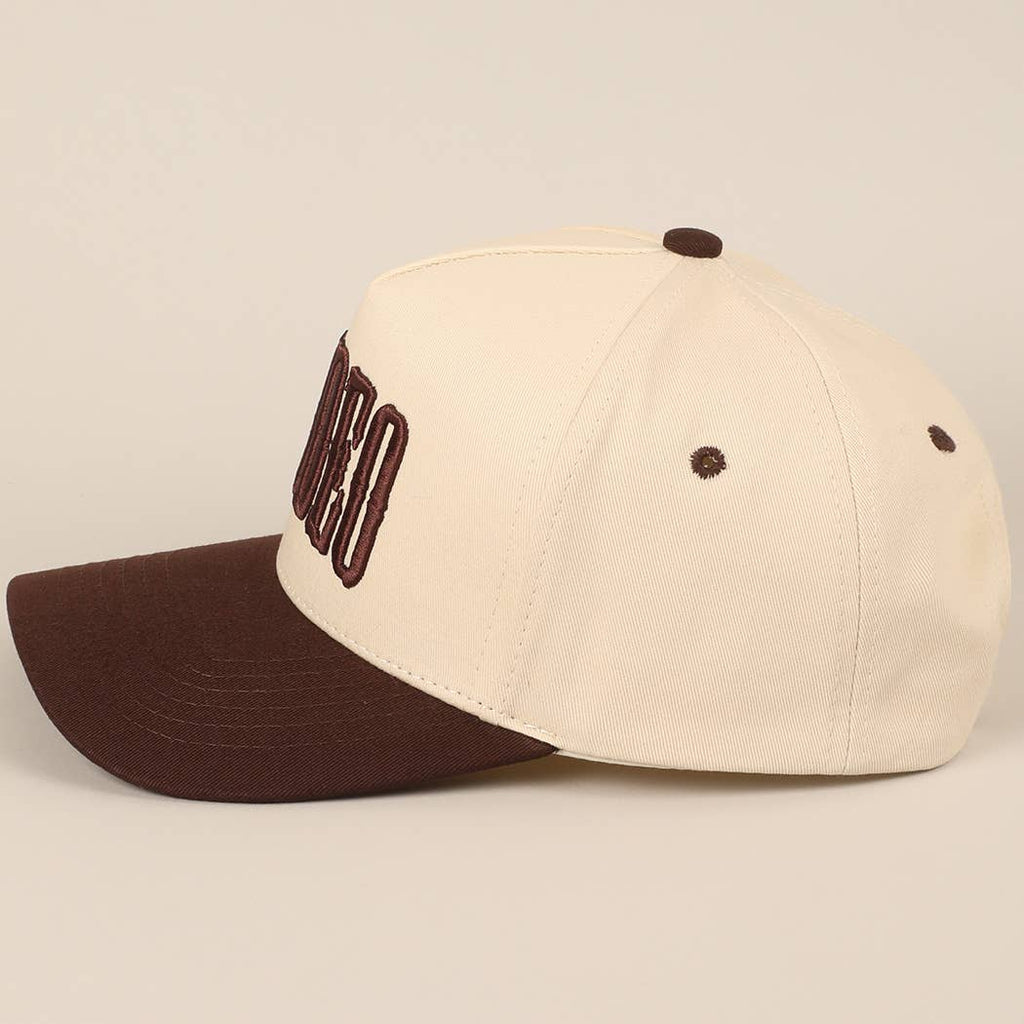 "RODEO" Two-Tone Embroidered Trucker Hat — Wine Red Cotton Canvas with Raised Lettering & 5-Panel Structure - Rooted & Reckless Co.
