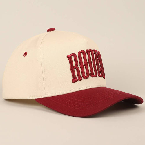"RODEO" Two-Tone Embroidered Trucker Hat — Wine Red Cotton Canvas with Raised Lettering & 5-Panel Structure - Rooted & Reckless Co.