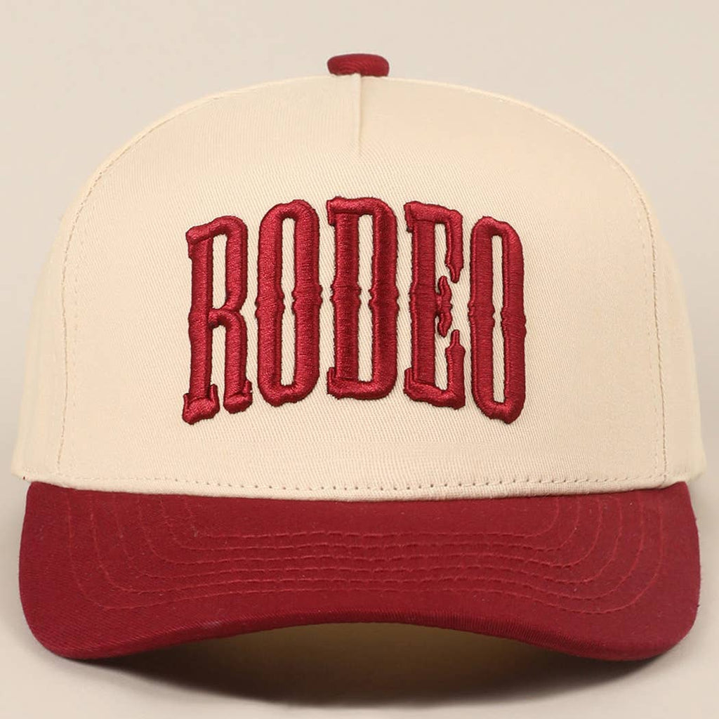"RODEO" Two-Tone Embroidered Trucker Hat — Wine Red Cotton Canvas with Raised Lettering & 5-Panel Structure - Rooted & Reckless Co.