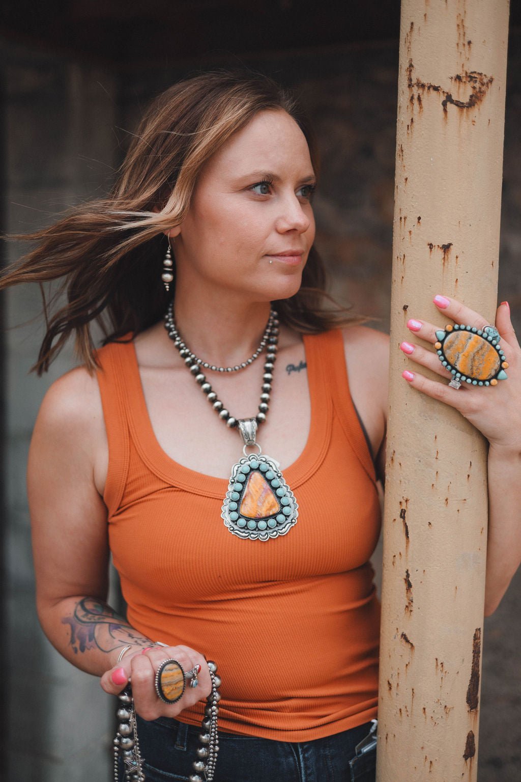 Roland Dixson Navajo Sterling Silver Statement Pendant — Spiny Oyster & Turquoise (5"×3", Signature Stamp) - Rooted & Reckless Co.