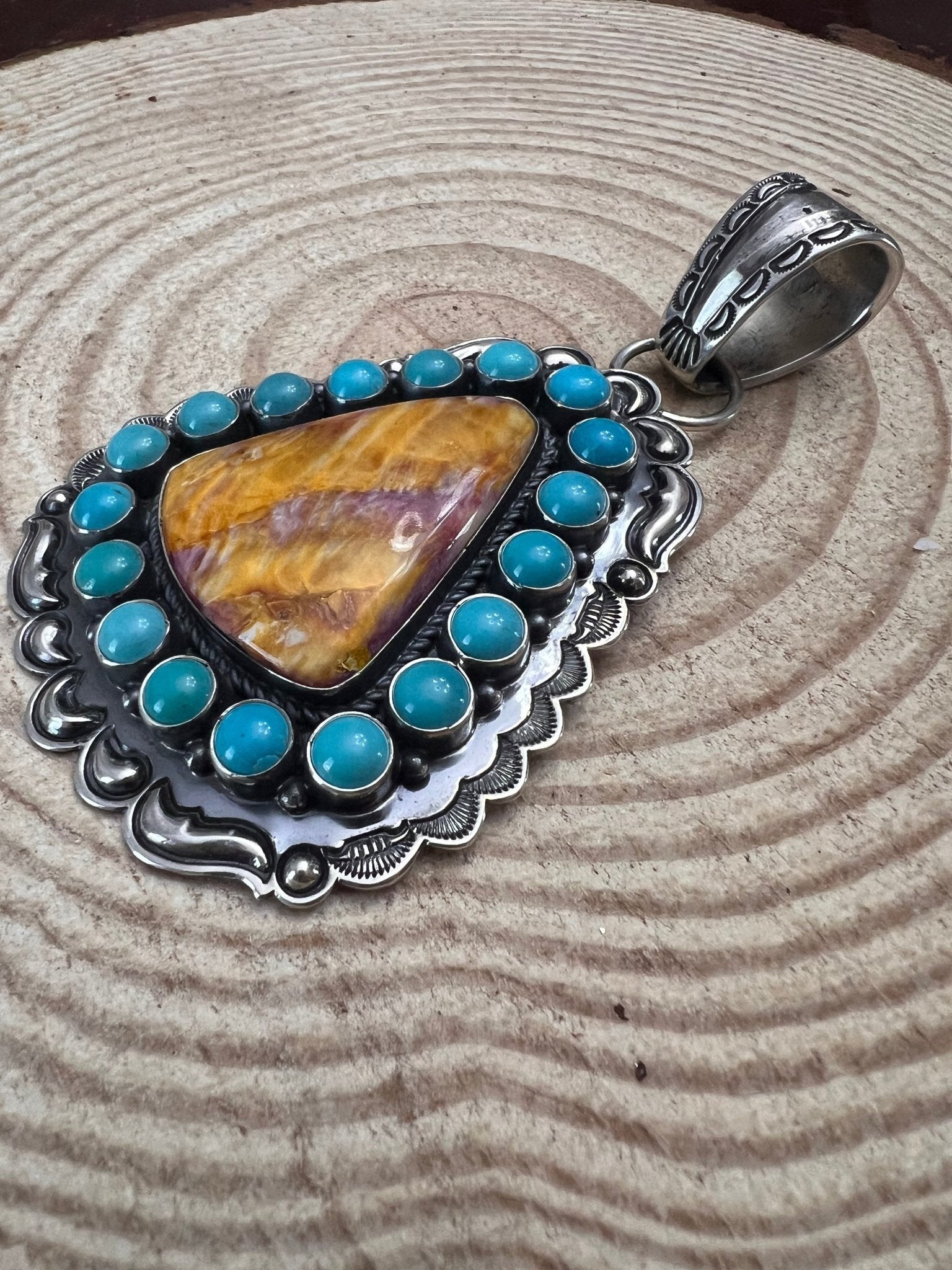 Roland Dixson Navajo Sterling Silver Statement Pendant — Spiny Oyster & Turquoise (5"×3", Signature Stamp) - Rooted & Reckless Co.
