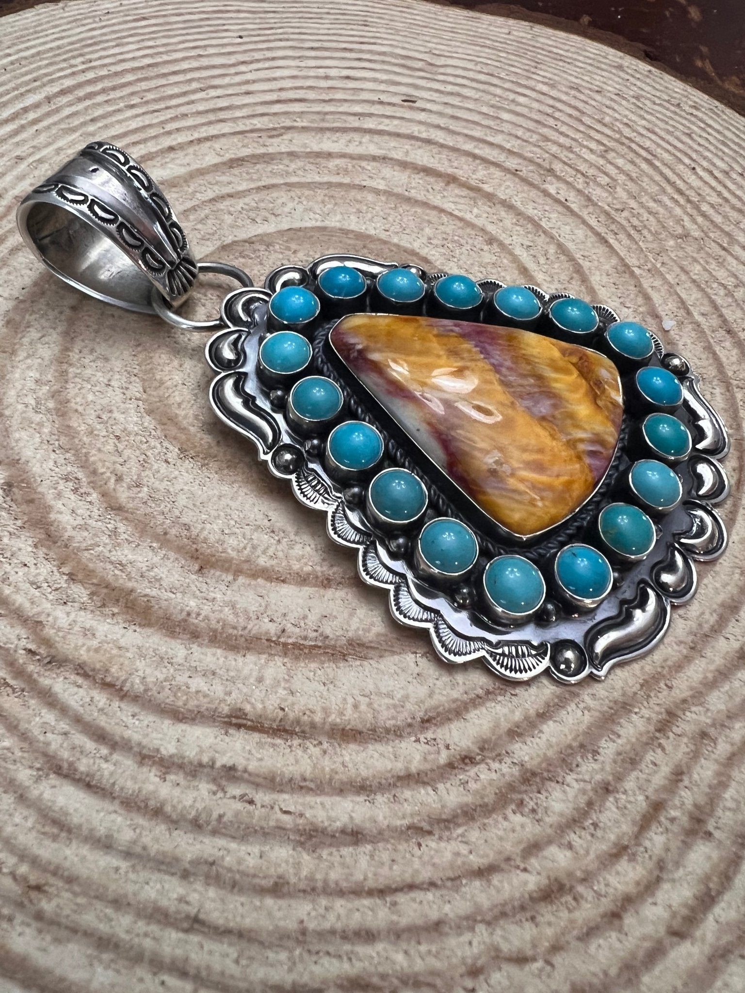 Roland Dixson Navajo Sterling Silver Statement Pendant — Spiny Oyster & Turquoise (5"×3", Signature Stamp) - Rooted & Reckless Co.