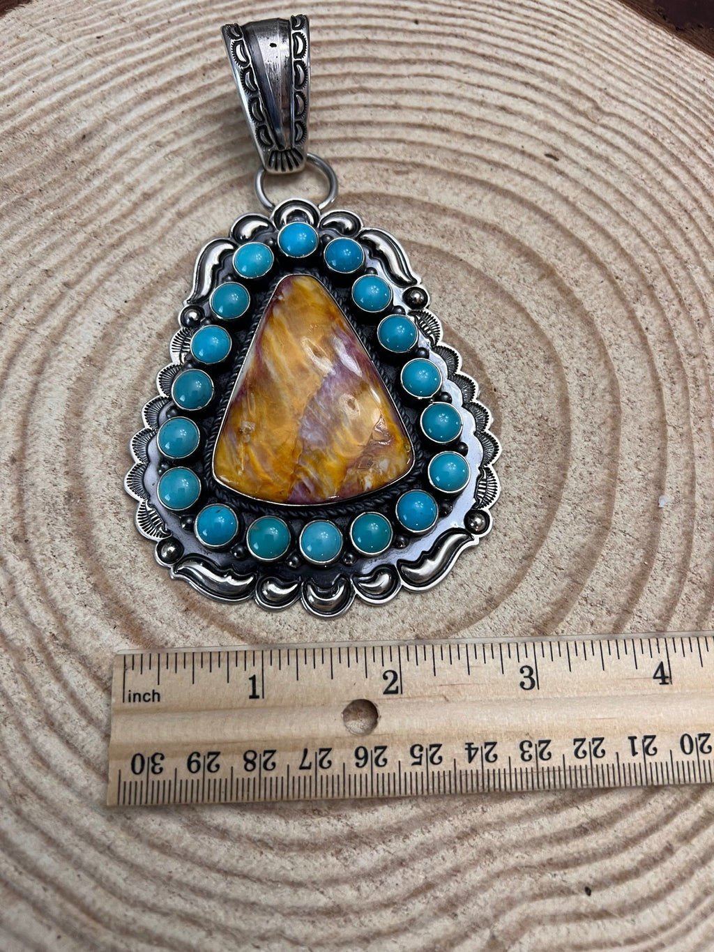 Roland Dixson Navajo Sterling Silver Statement Pendant — Spiny Oyster & Turquoise (5"×3", Signature Stamp) - Rooted & Reckless Co.