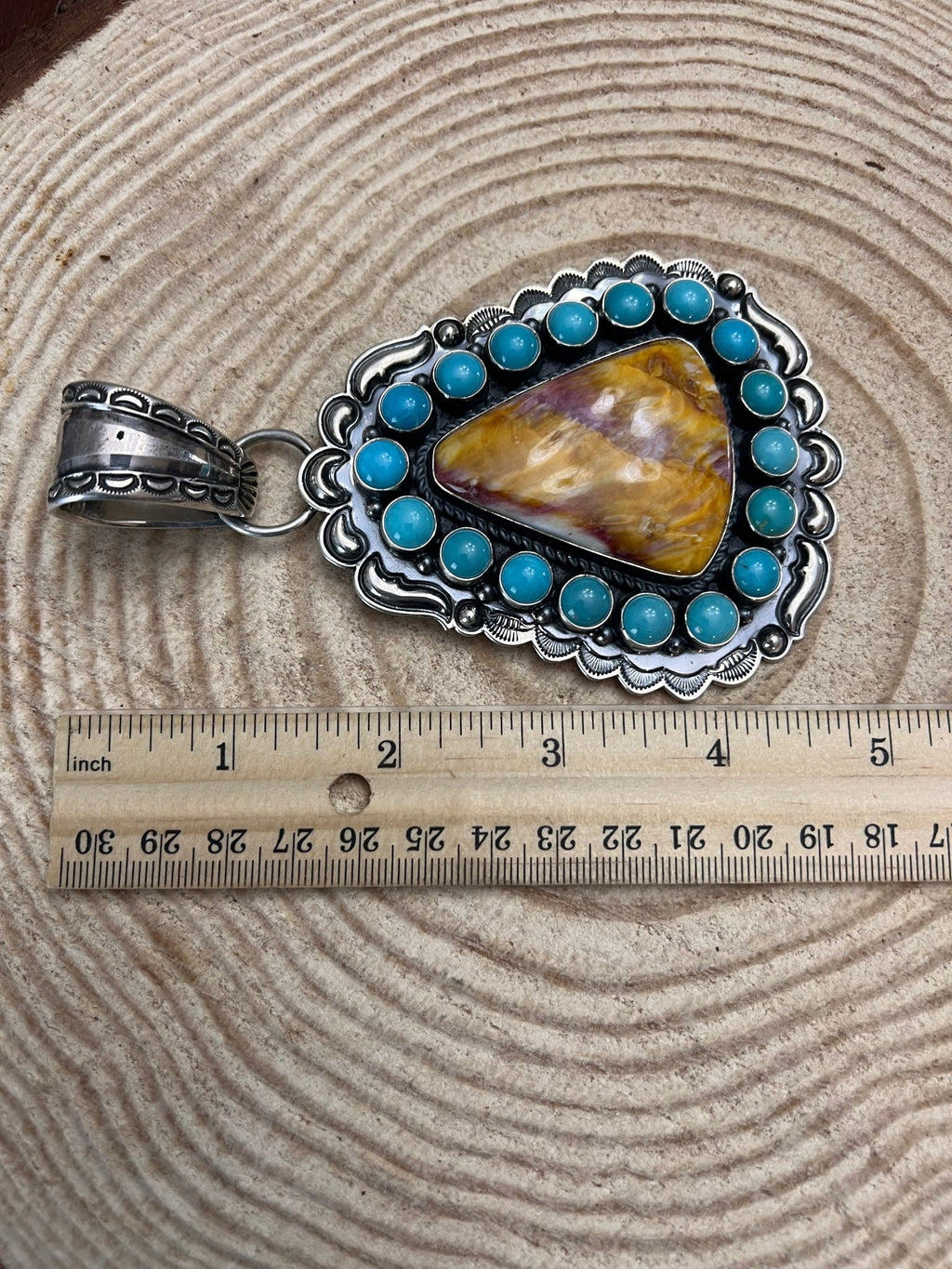 Roland Dixson Navajo Sterling Silver Statement Pendant — Spiny Oyster & Turquoise (5"×3", Signature Stamp) - Rooted & Reckless Co.