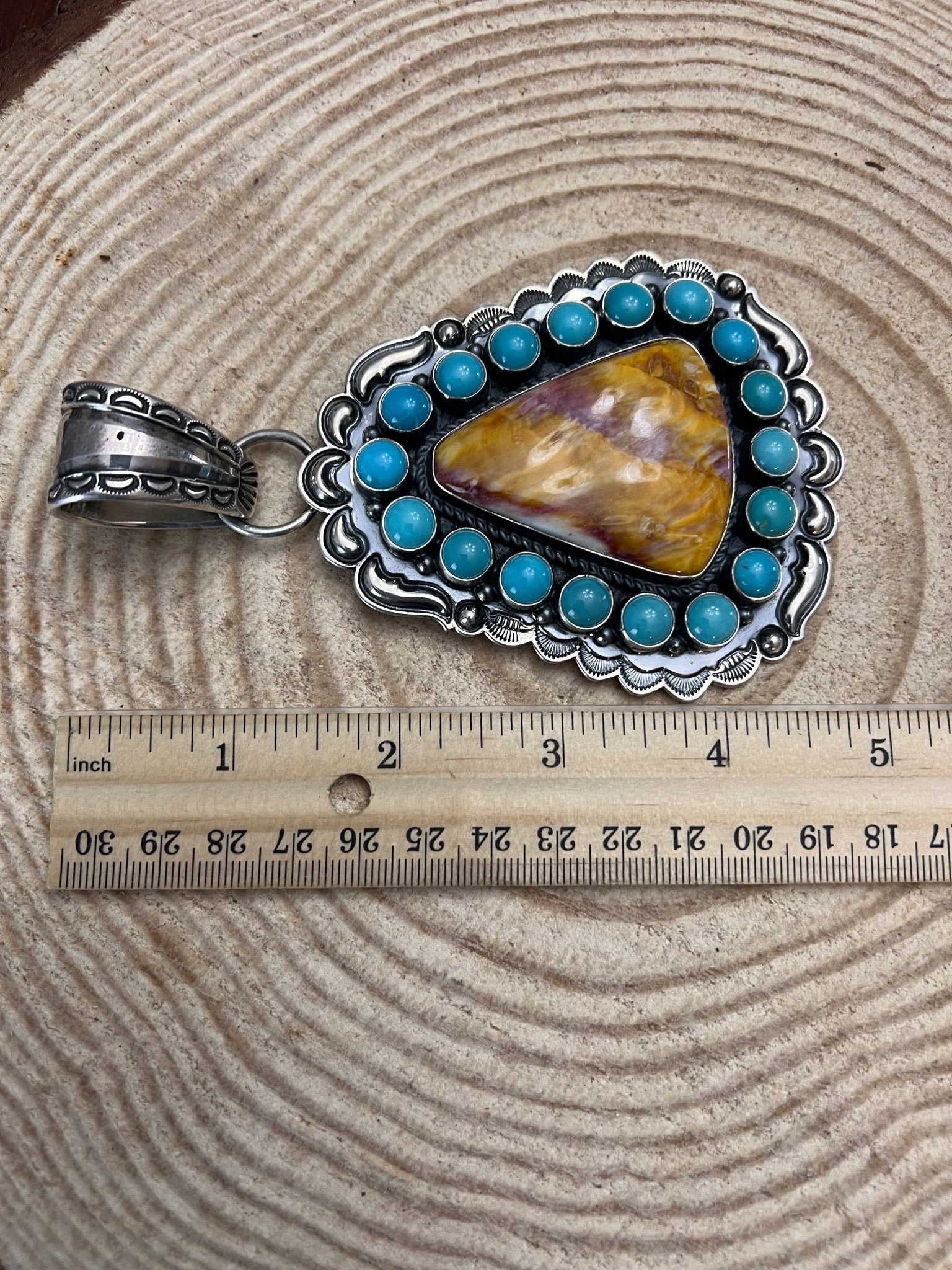 Roland Dixson Navajo Sterling Silver Statement Pendant — Spiny Oyster & Turquoise (5"×3", Signature Stamp) - Rooted & Reckless Co.