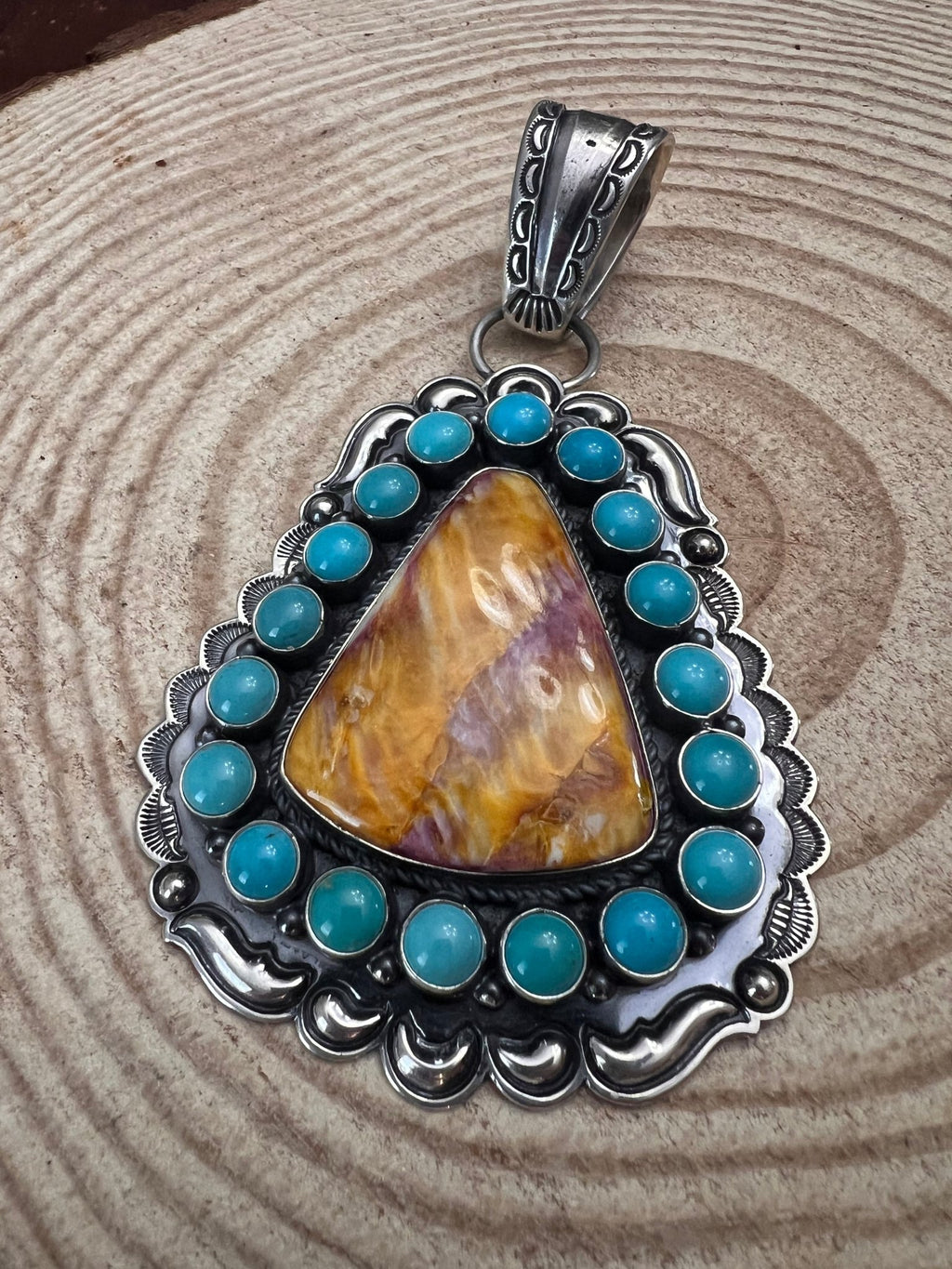 Roland Dixson Navajo Sterling Silver Statement Pendant — Spiny Oyster & Turquoise (5"×3", Signature Stamp) - Rooted & Reckless Co.