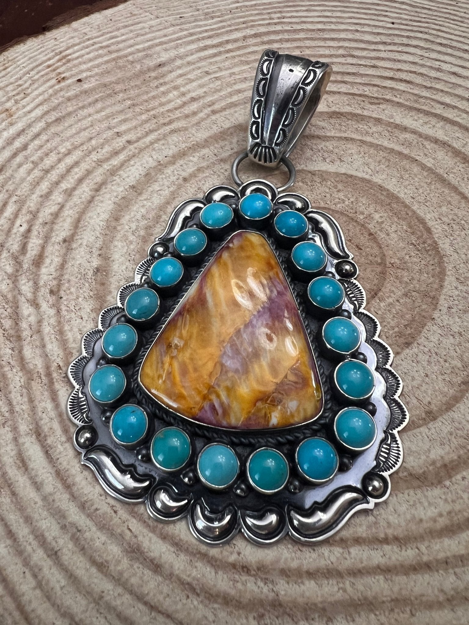 Roland Dixson Navajo Sterling Silver Statement Pendant — Spiny Oyster & Turquoise (5"×3", Signature Stamp) - Rooted & Reckless Co.