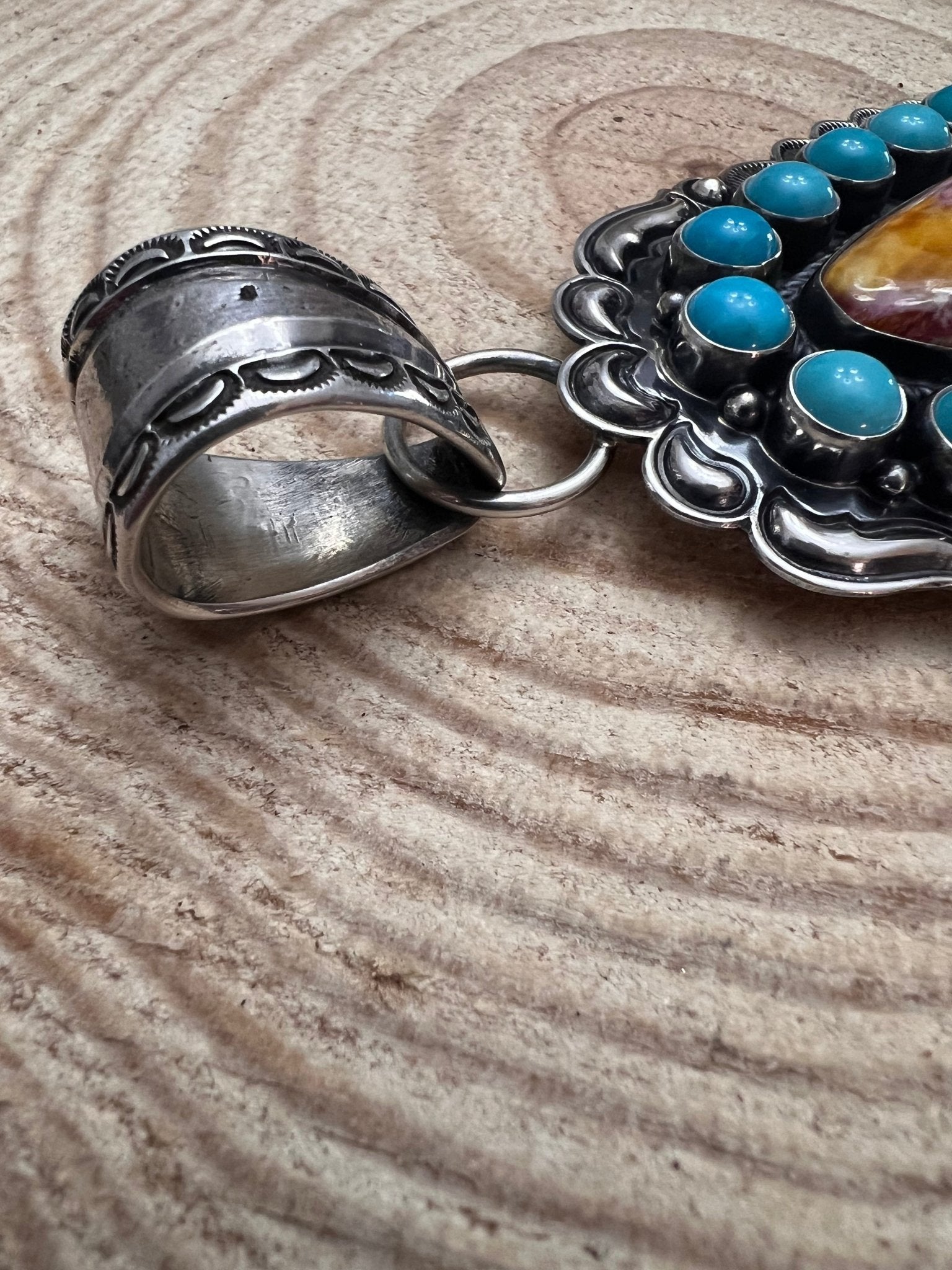 Roland Dixson Navajo Sterling Silver Statement Pendant — Spiny Oyster & Turquoise (5"×3", Signature Stamp) - Rooted & Reckless Co.