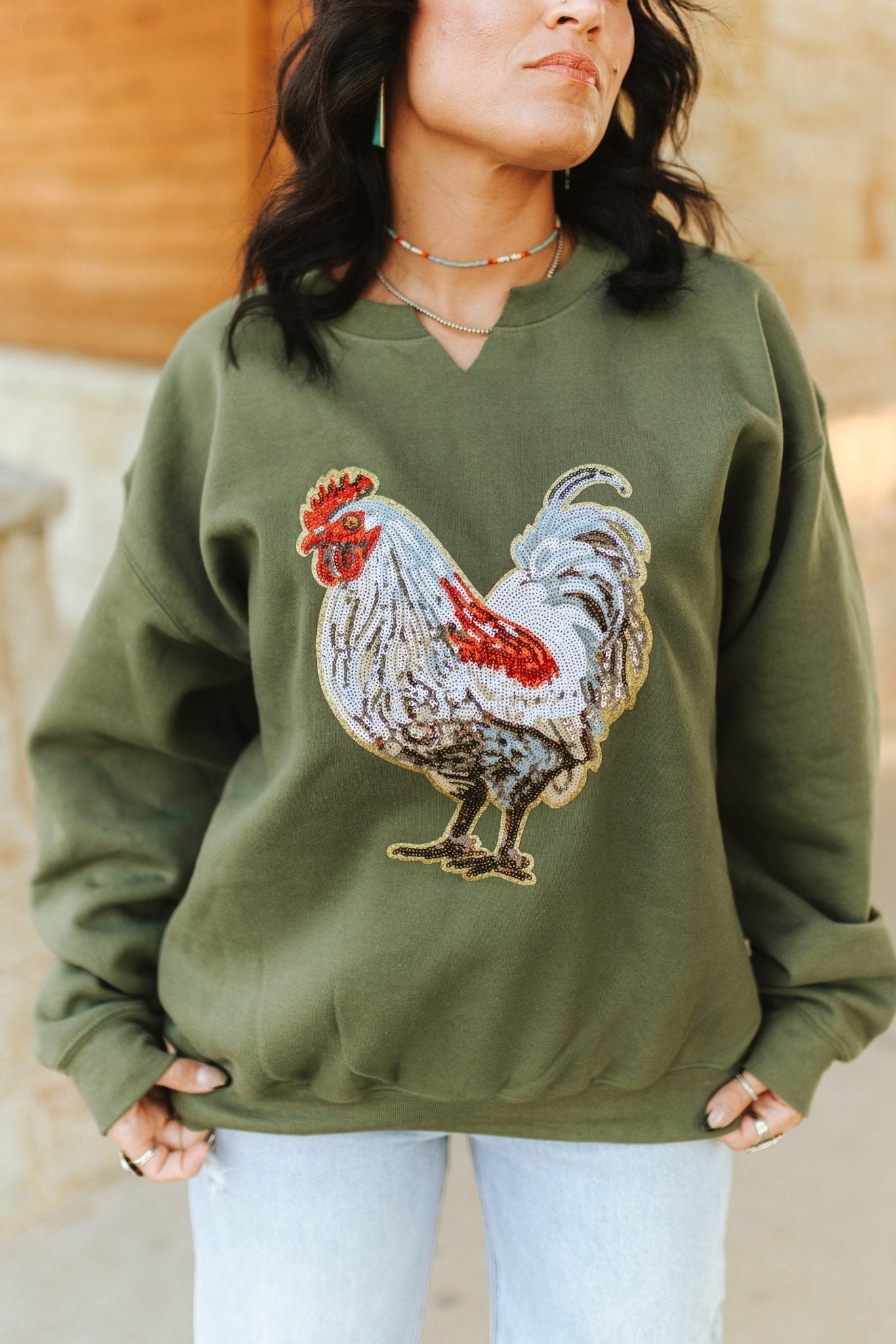 Rooster Sequin V-neck Graphic Sweatshirt - Rooted & Reckless Co.