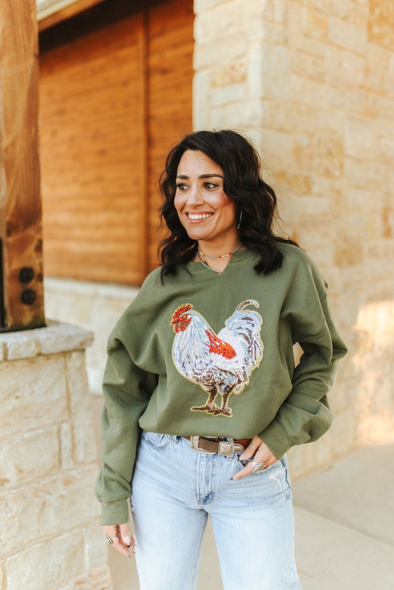 Rooster Sequin V-neck Graphic Sweatshirt - Rooted & Reckless Co.