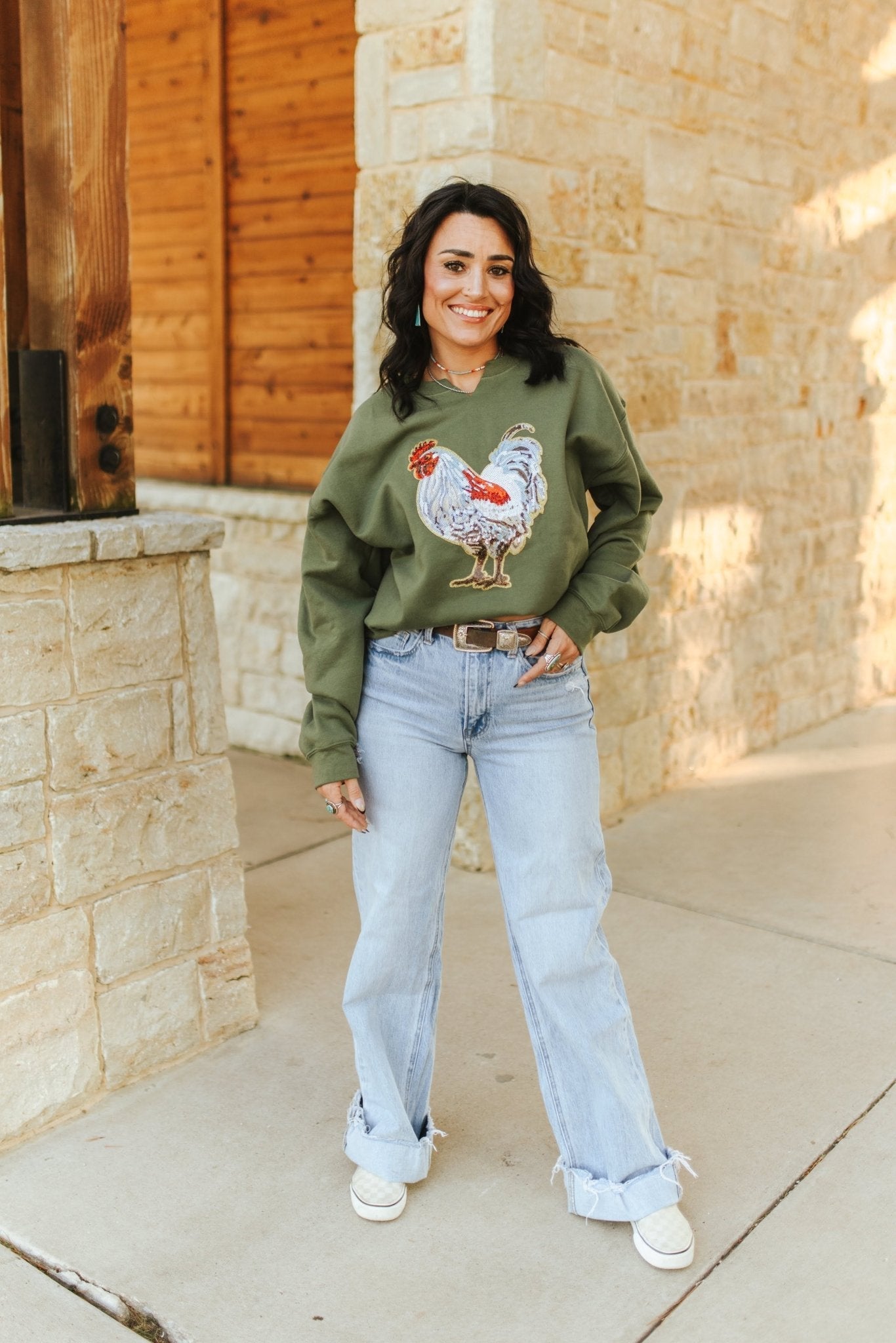Rooster Sequin V-neck Graphic Sweatshirt - Rooted & Reckless Co.