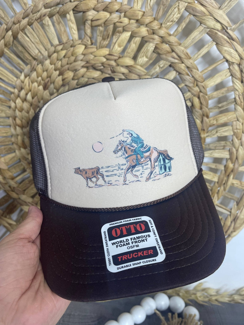 "Roping Cowboy" Trucker Hat — Otto 5-Panel Foam Front with DTF Western Print & Mesh Back - Rooted & Reckless Co.