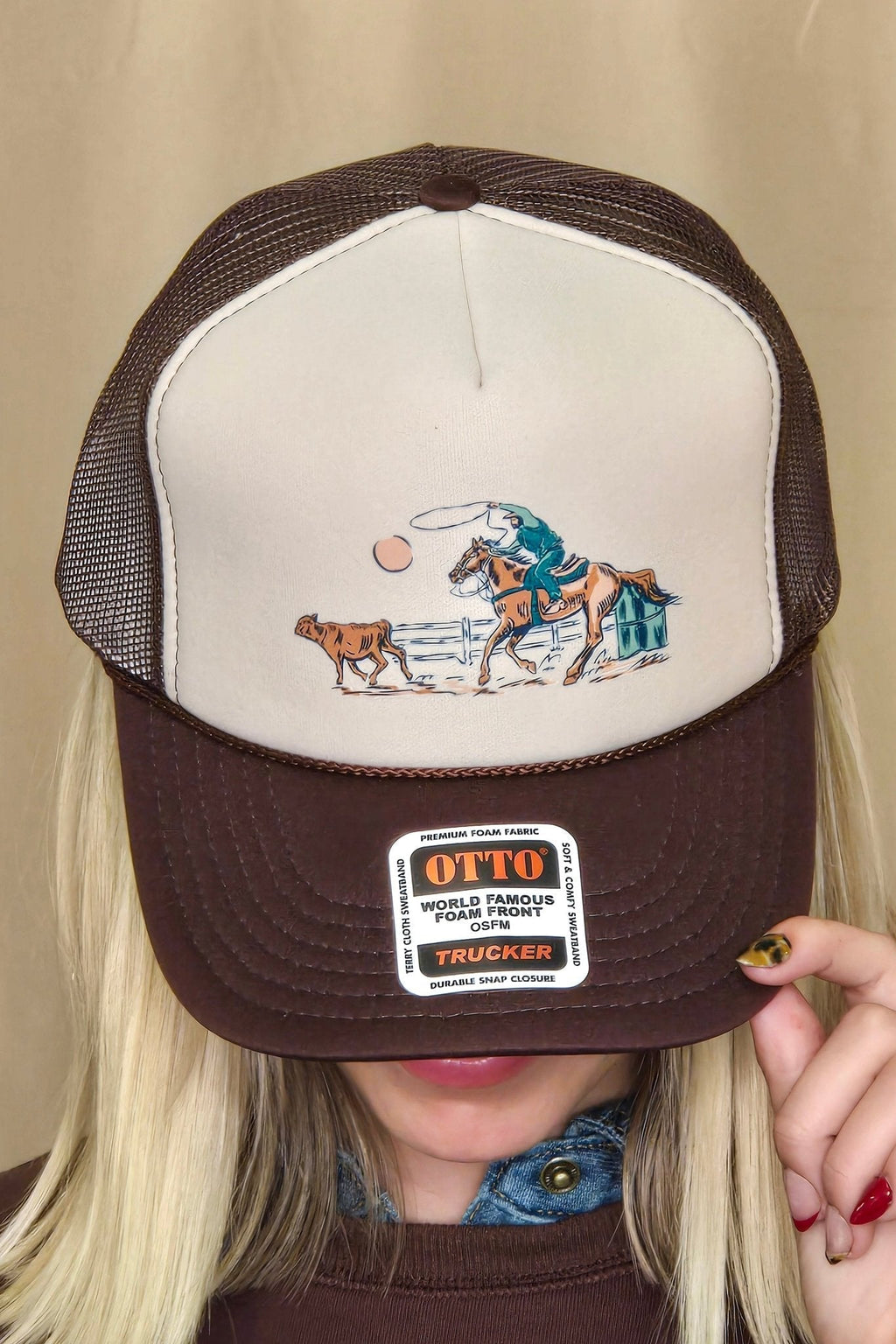 "Roping Cowboy" Trucker Hat — Otto 5-Panel Foam Front with DTF Western Print & Mesh Back - Rooted & Reckless Co.