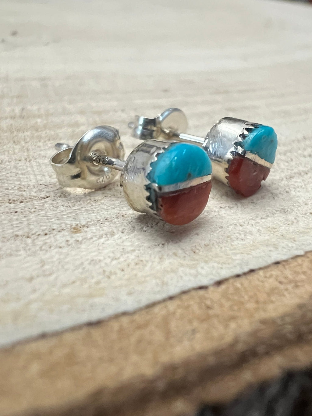 Rowena Laweka Zuni Turquoise & Coral Sterling Silver Post Earrings - Rooted & Reckless Co.