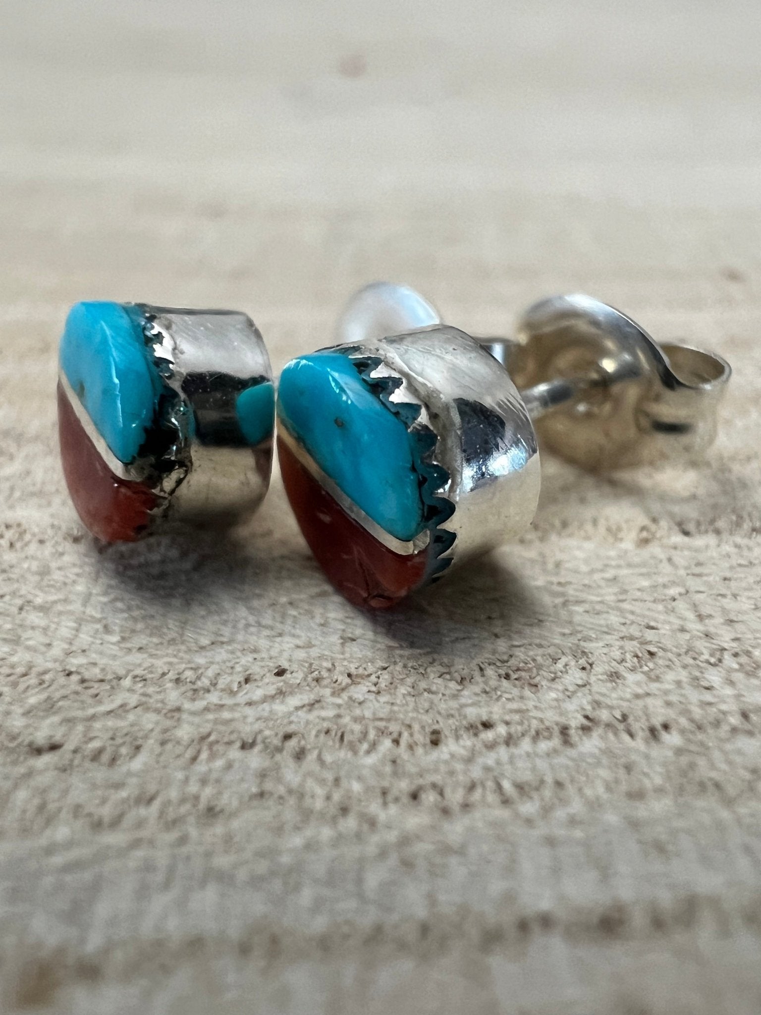 Rowena Laweka Zuni Turquoise & Coral Sterling Silver Post Earrings - Rooted & Reckless Co.