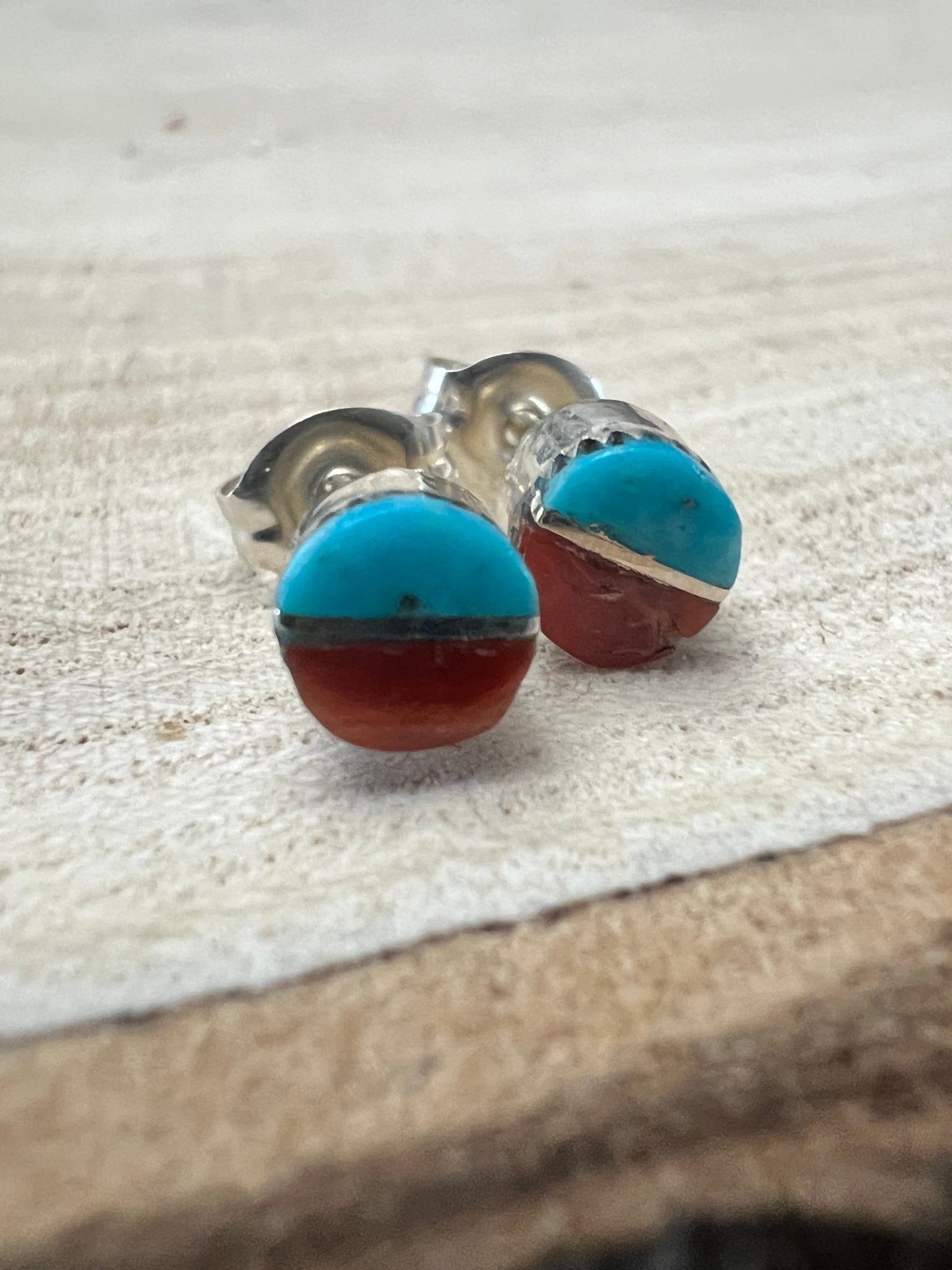 Rowena Laweka Zuni Turquoise & Coral Sterling Silver Post Earrings - Rooted & Reckless Co.