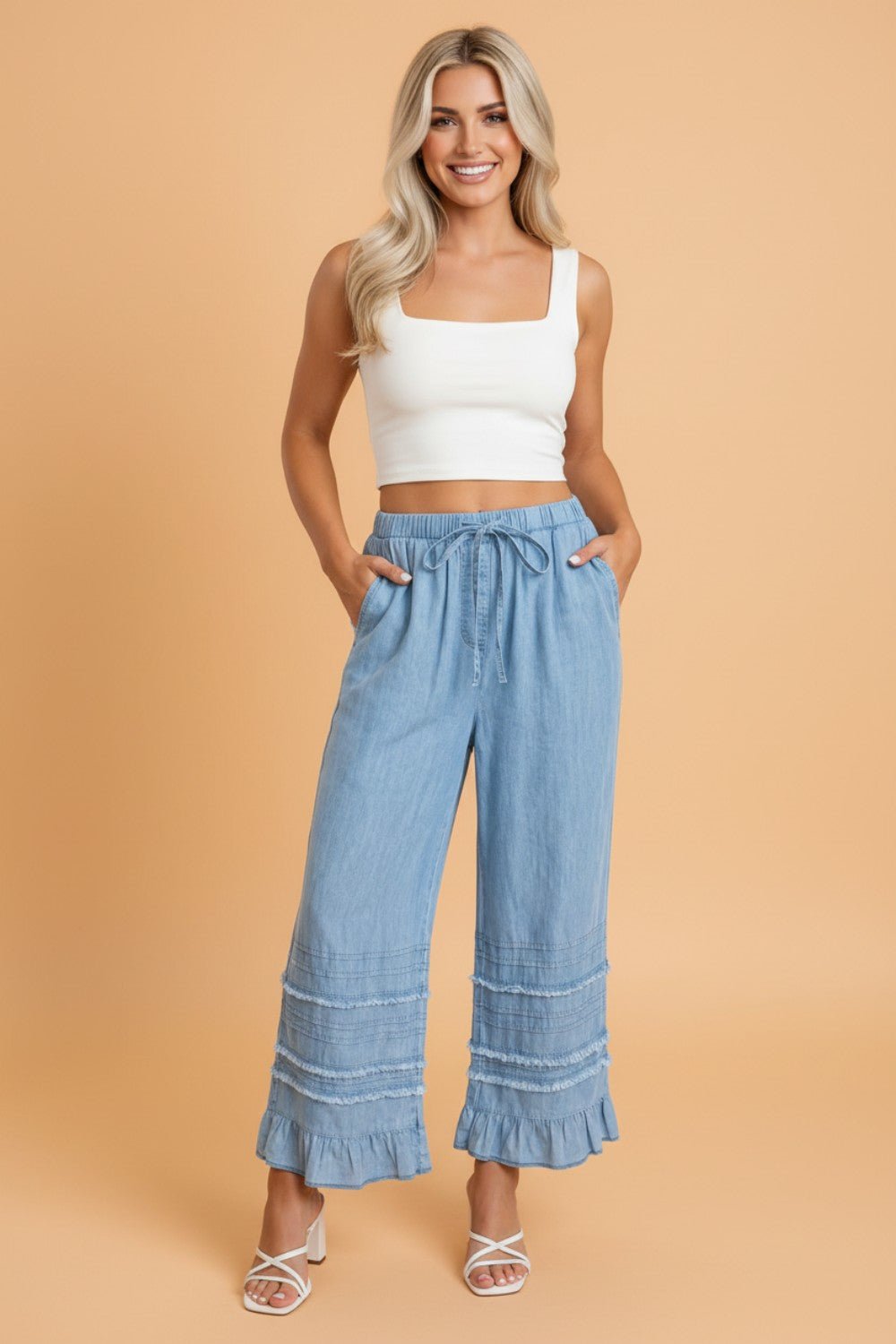 Ruffle Hem High Waist Wide Leg Chambray Pants - Rooted & Reckless Co.
