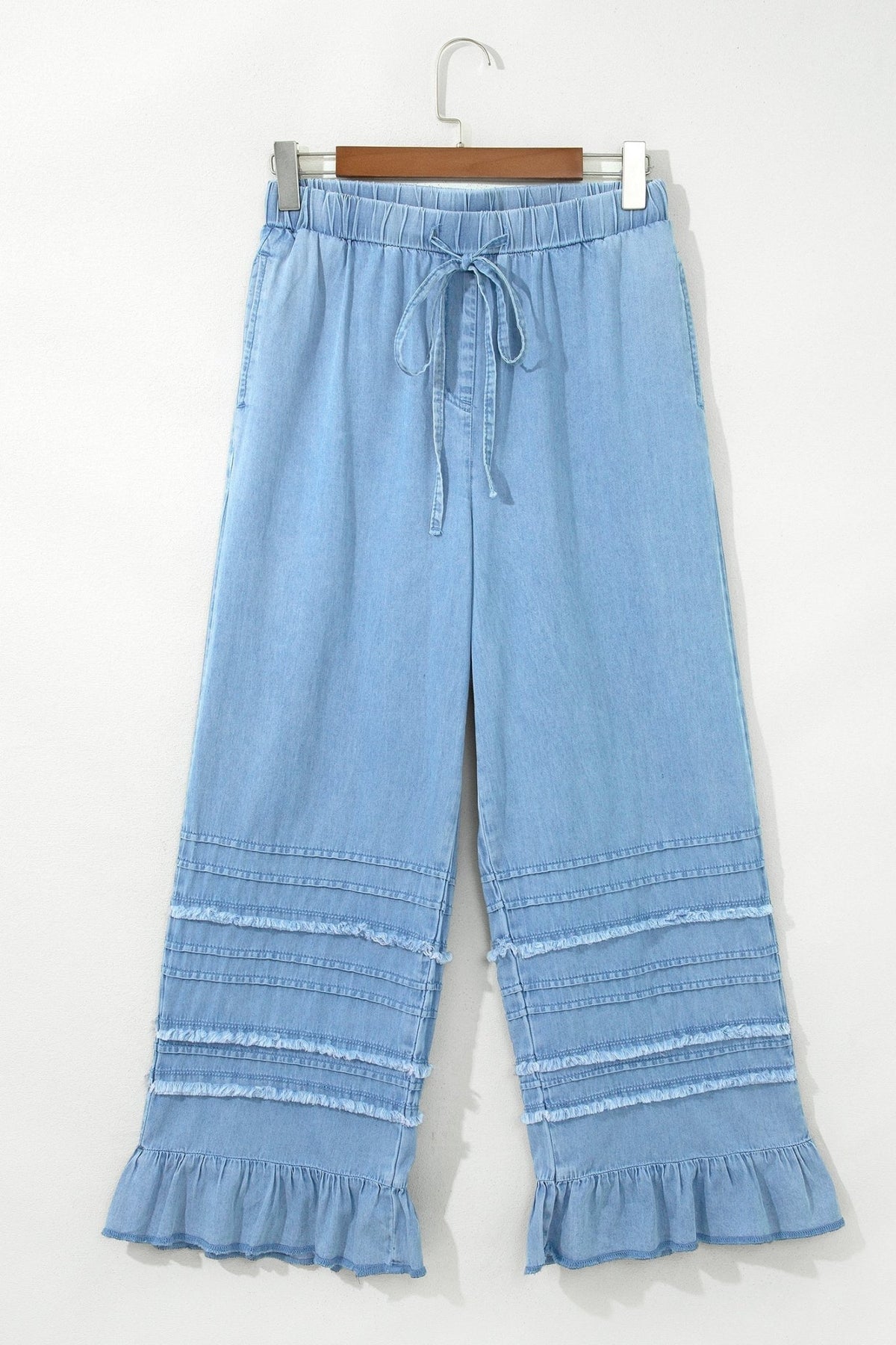 Ruffle Hem High Waist Wide Leg Chambray Pants - Rooted & Reckless Co.