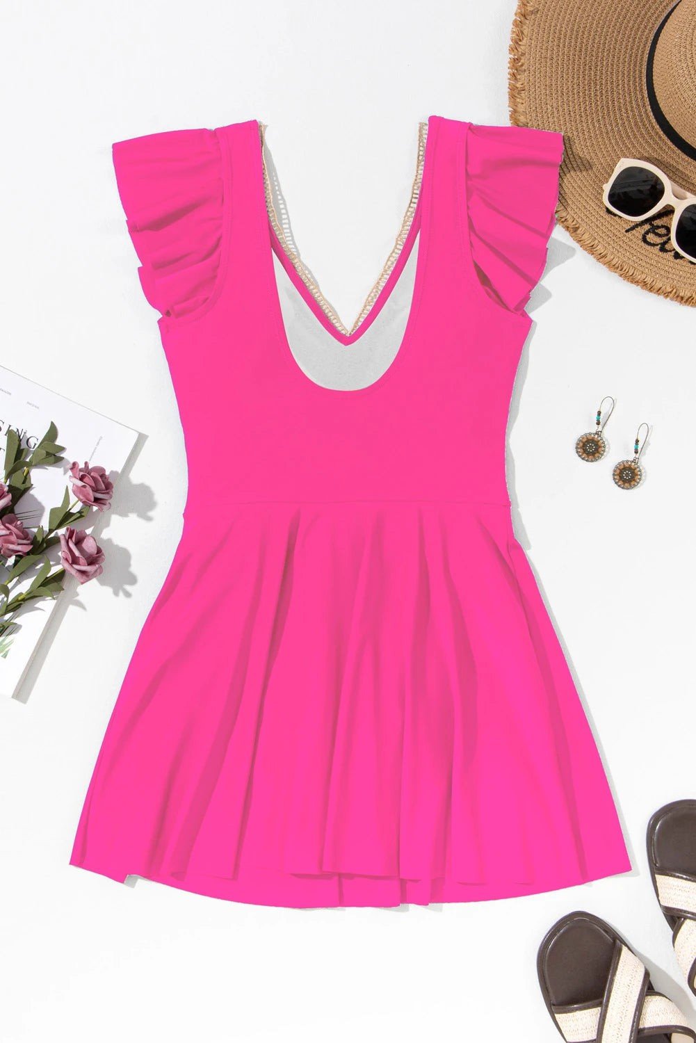 Ruffle Lace Trim V-Neck Short Sleeve Swim Dress - Rooted & Reckless Co.