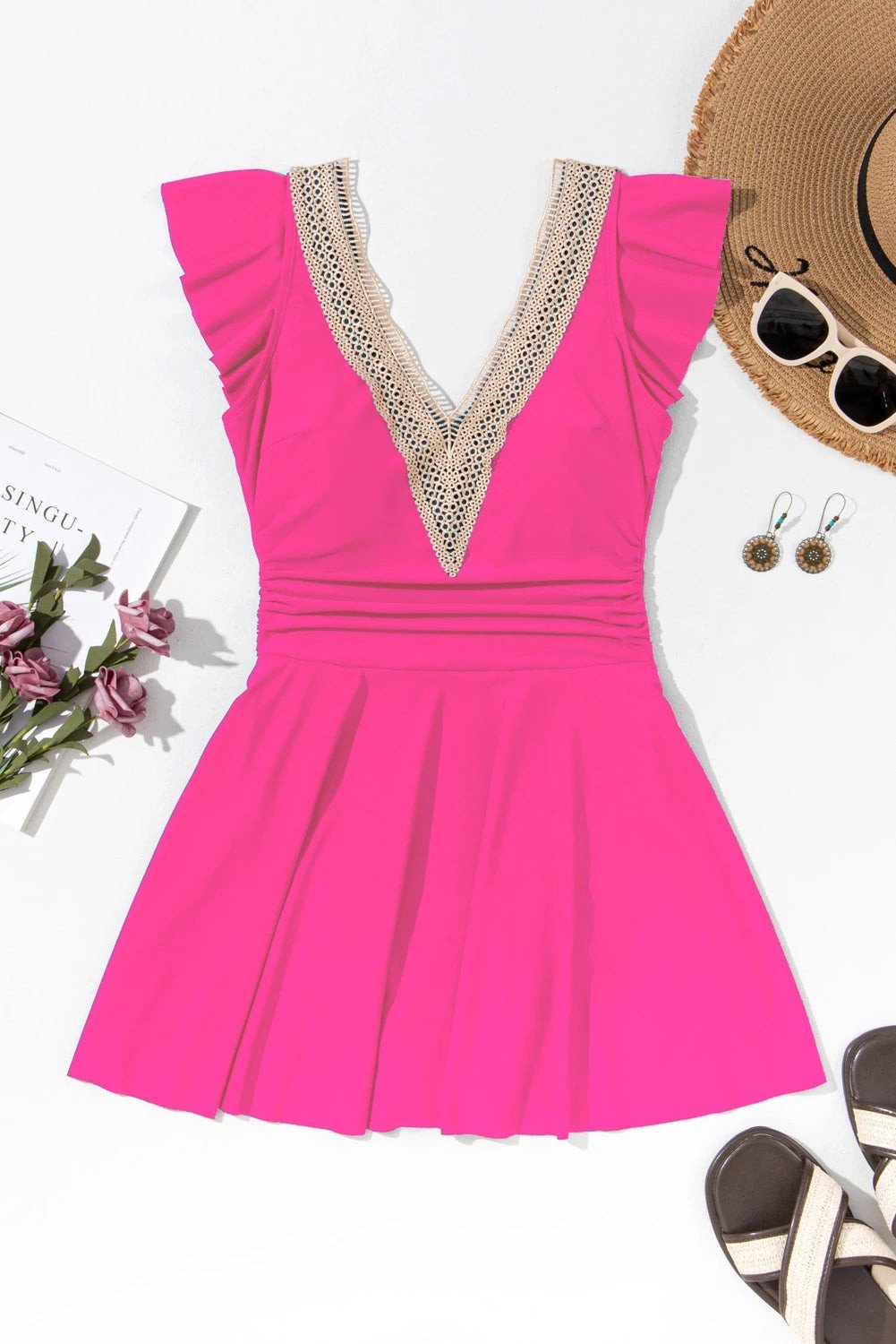 Ruffle Lace Trim V-Neck Short Sleeve Swim Dress - Rooted & Reckless Co.