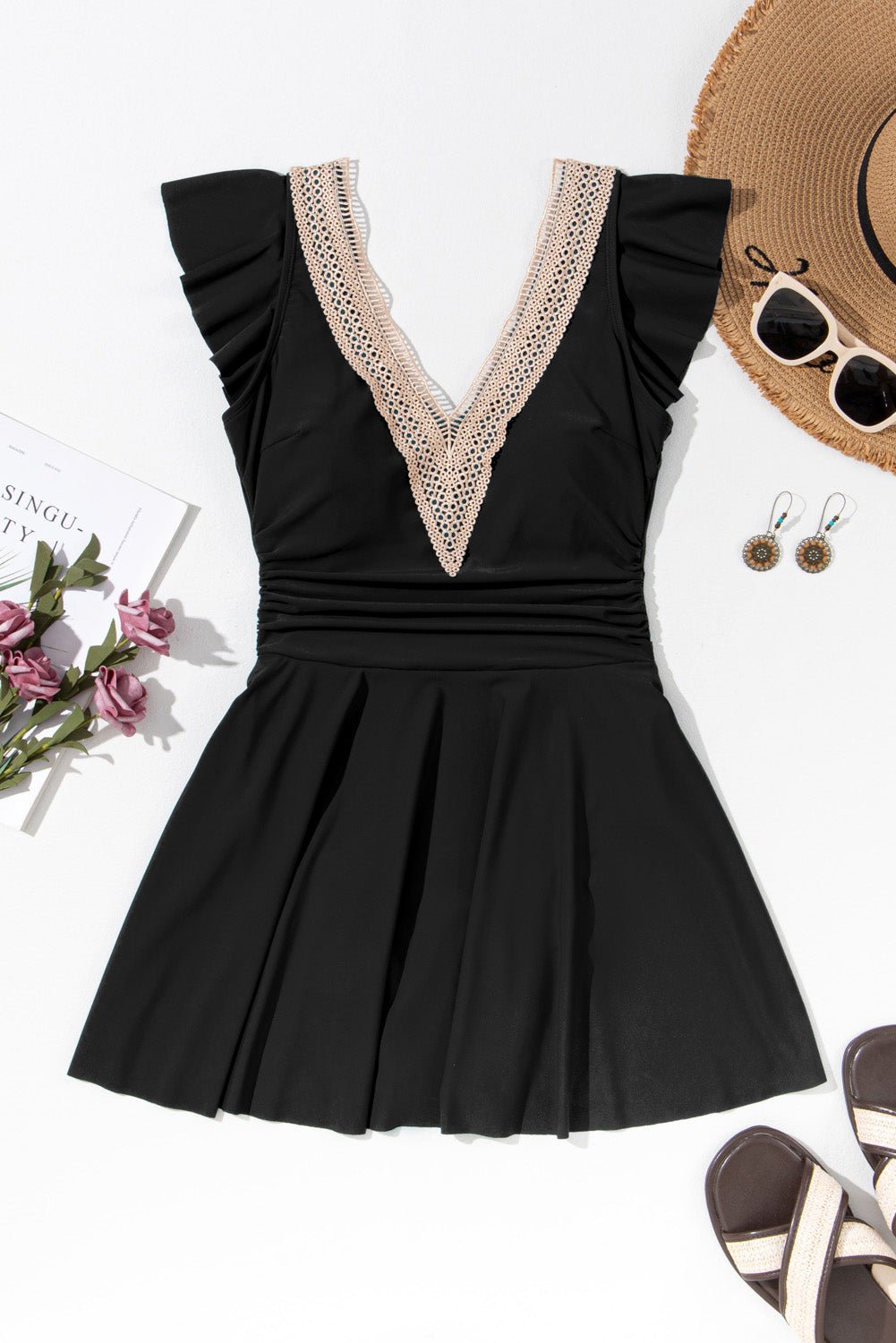 Ruffle Lace Trim V-Neck Short Sleeve Swim Dress - Rooted & Reckless Co.