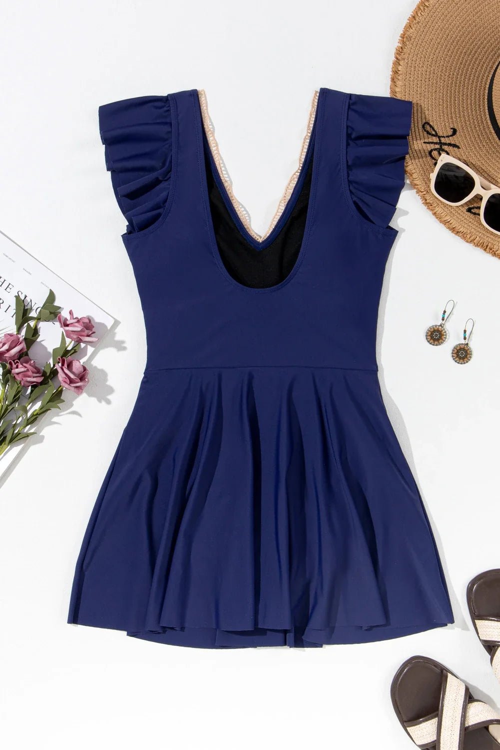 Ruffle Lace Trim V-Neck Short Sleeve Swim Dress - Rooted & Reckless Co.