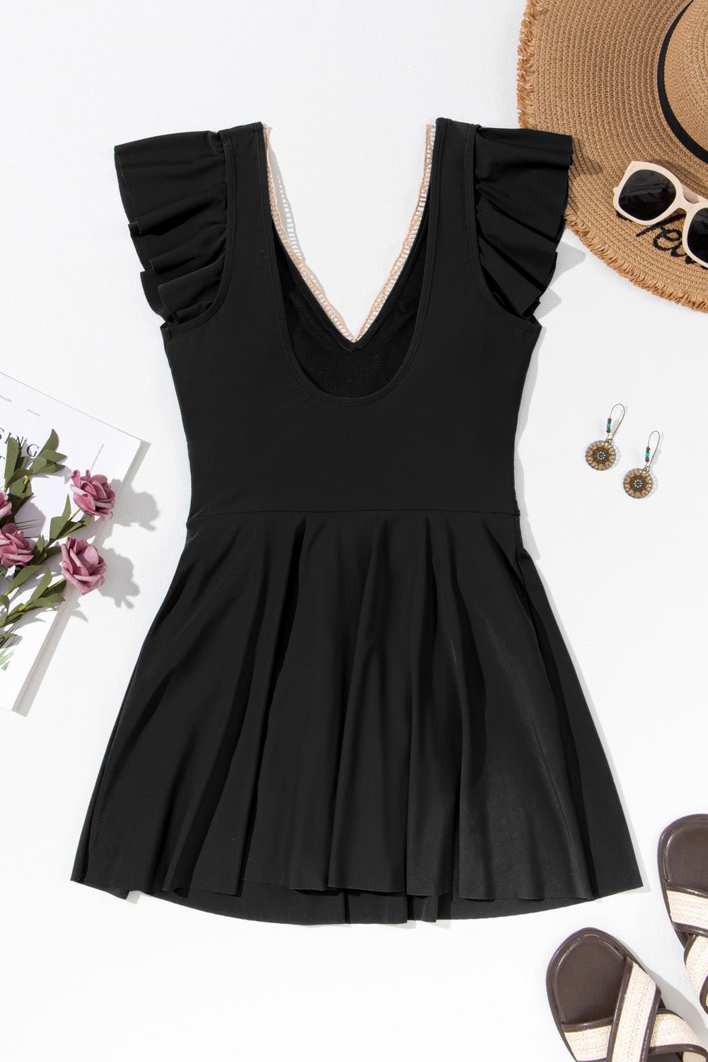 Ruffle Lace Trim V-Neck Short Sleeve Swim Dress - Rooted & Reckless Co.