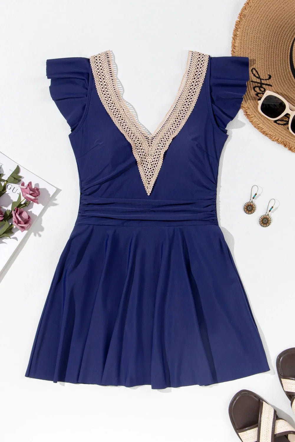 Ruffle Lace Trim V-Neck Short Sleeve Swim Dress - Rooted & Reckless Co.