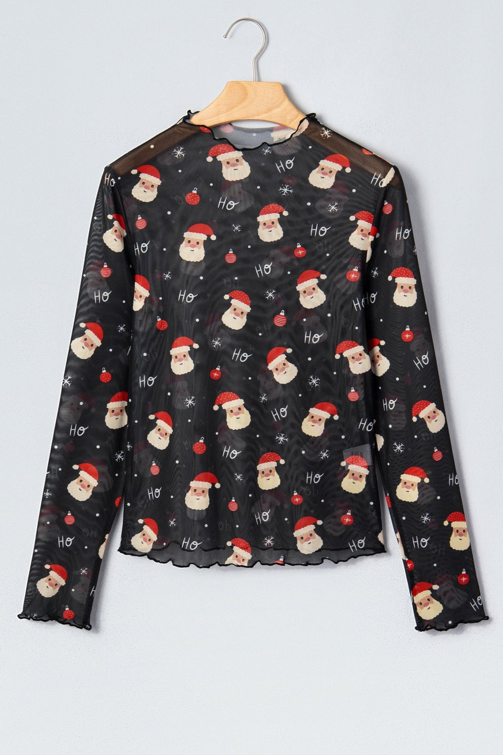 Santa Graphic Sheer Mock Neck Long Sleeve Mesh Top - Rooted & Reckless Co.