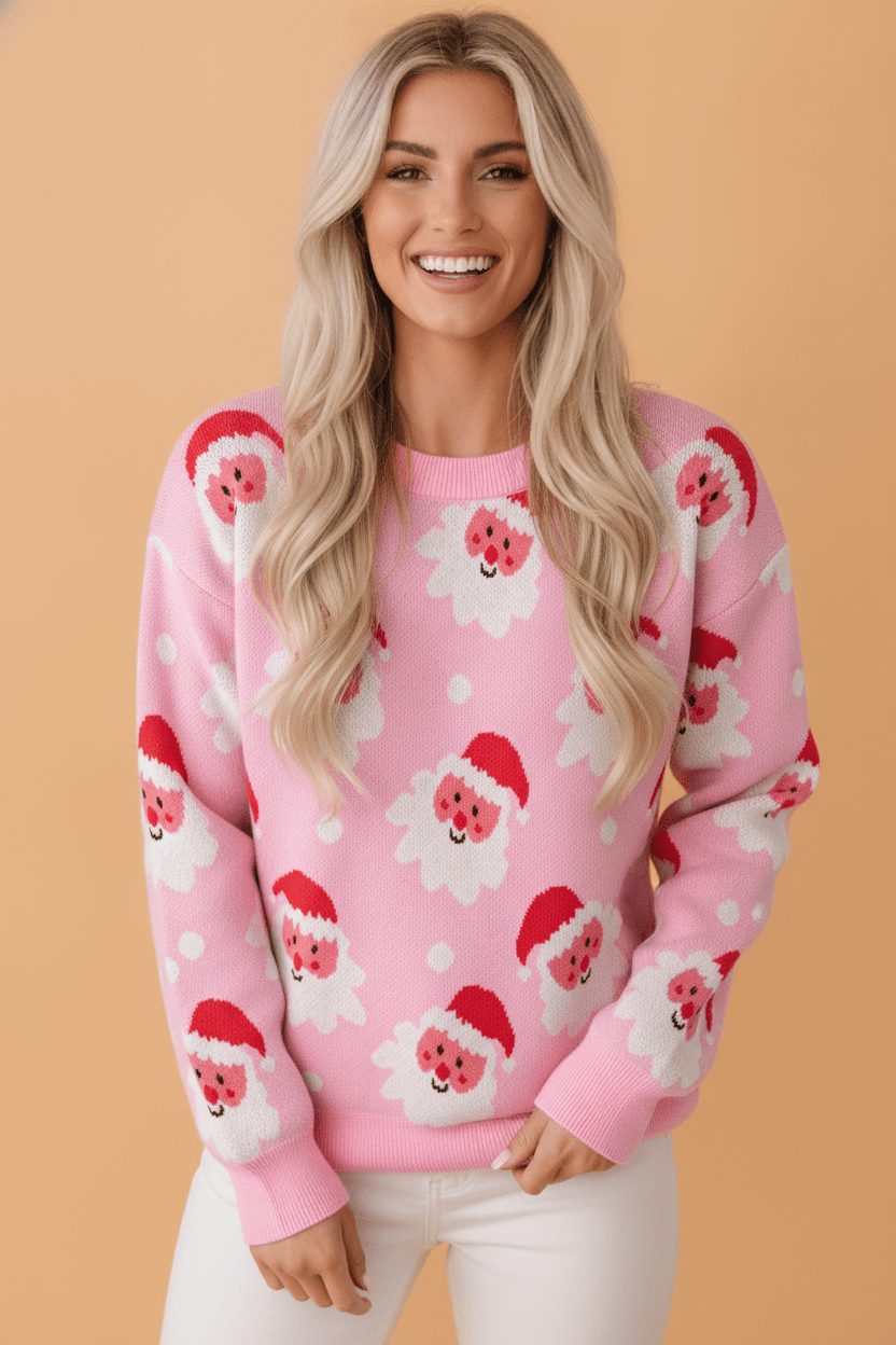 Santa Ribbed Trim Long Sleeve Christmas Sweater - Rooted & Reckless Co.