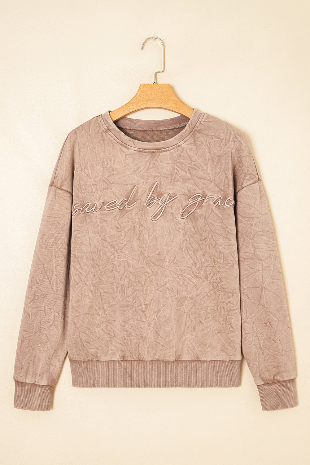 Saved by Grace Embroidered Mineral Wash Loose Sweatshirt - Rooted & Reckless Co.