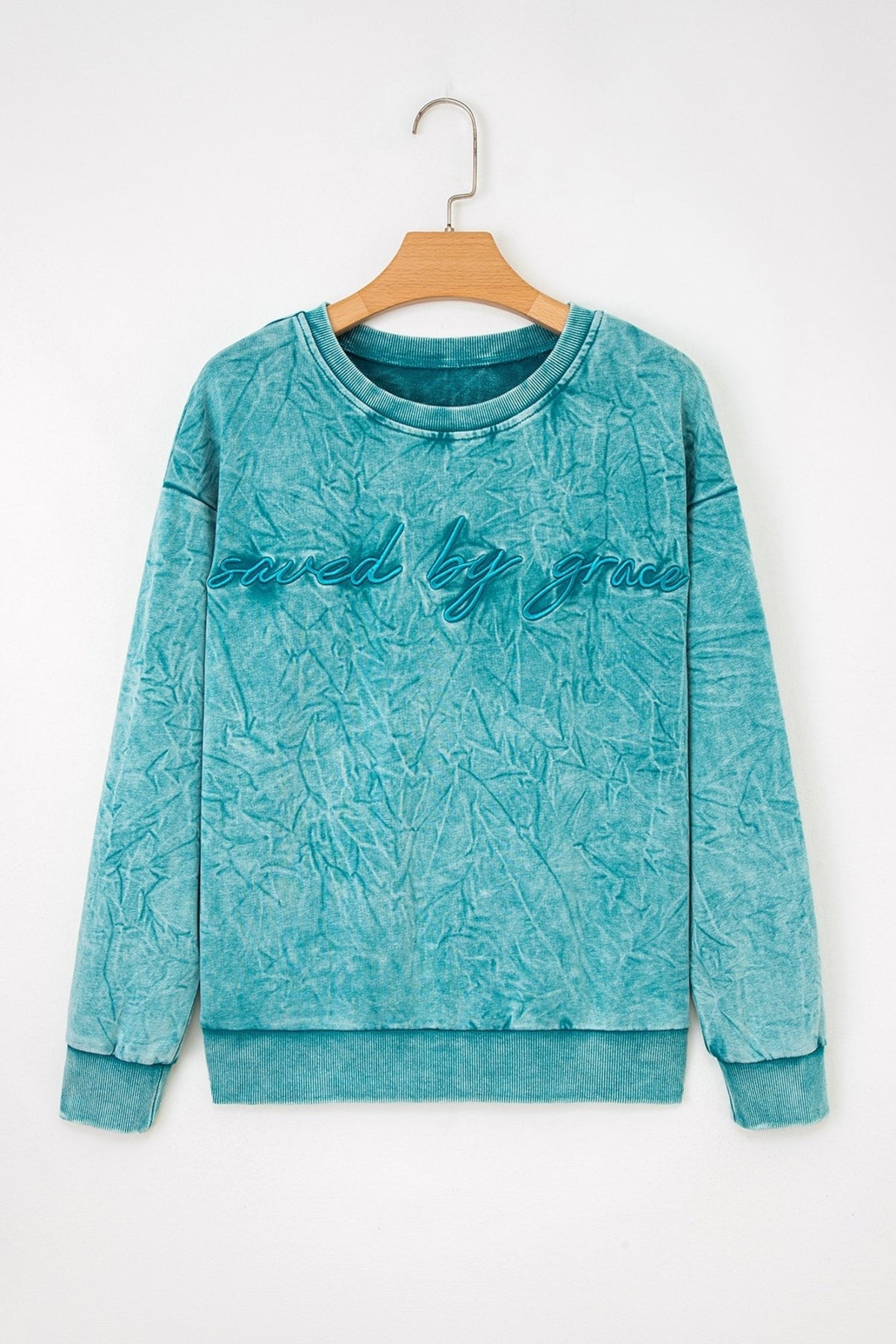 Saved by Grace Embroidered Mineral Wash Loose Sweatshirt - Rooted & Reckless Co.