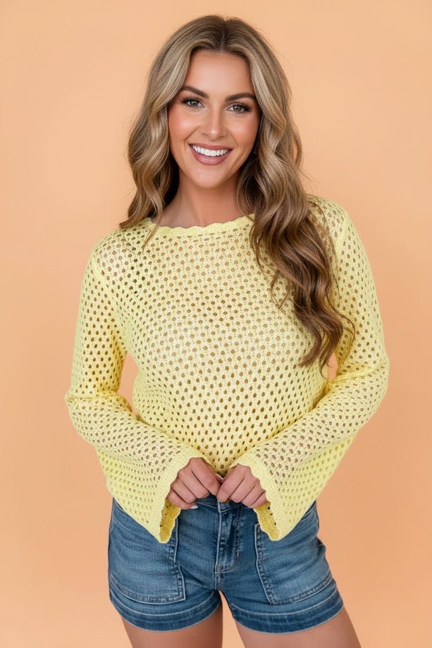Scalloped Trim Hollow Out Knit Long Sleeve Top - Rooted & Reckless Co.