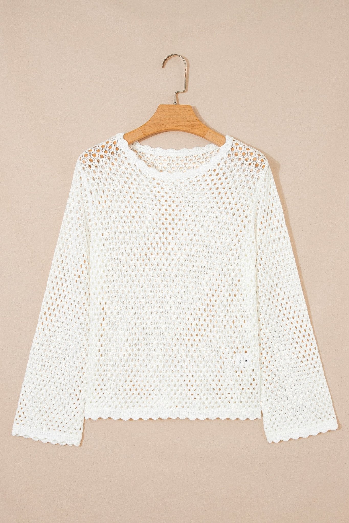 Scalloped Trim Hollow Out Knit Long Sleeve Top - Rooted & Reckless Co.