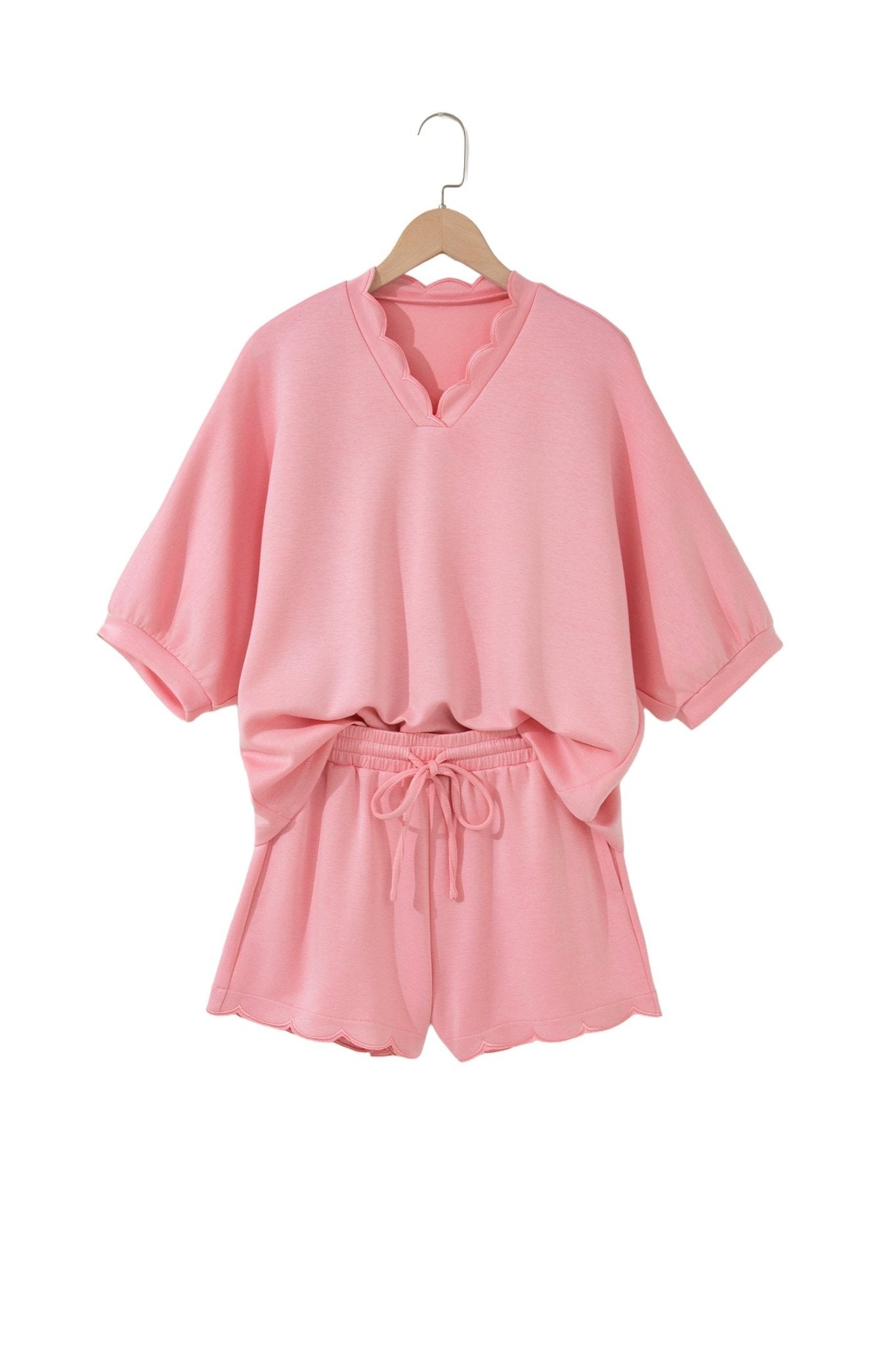 Scalloped V-Neck Dolman Top & Drawstring Short Set - Rooted & Reckless Co.
