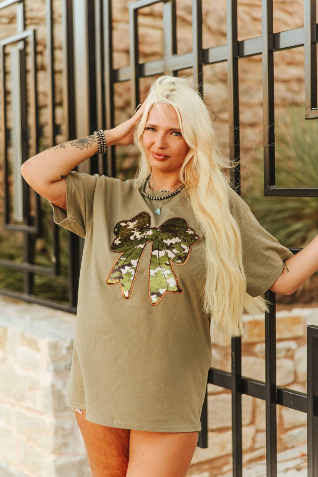 Sequin Camo Bow Patch Tee - Rooted & Reckless Co.